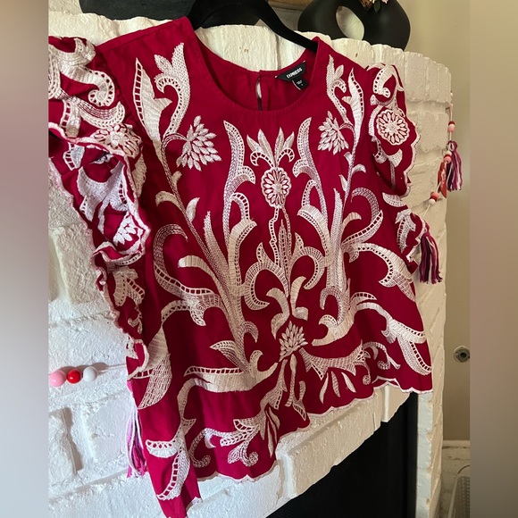 Express Red Embroidered Ruffled Top, Size Large - Picture 2 of 10